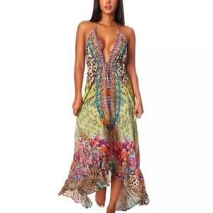 La Moda Multicolor Maxi Dress Viscose Silk Resort Boho Small Medium Convertible